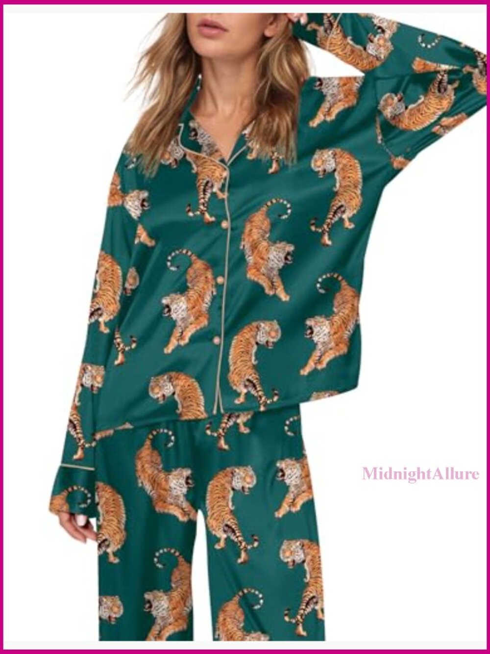 Women's Satin Pajama Set Long Sleeve Button Down PJs 2 Piece Lounge Set - Picture 2 of 7
